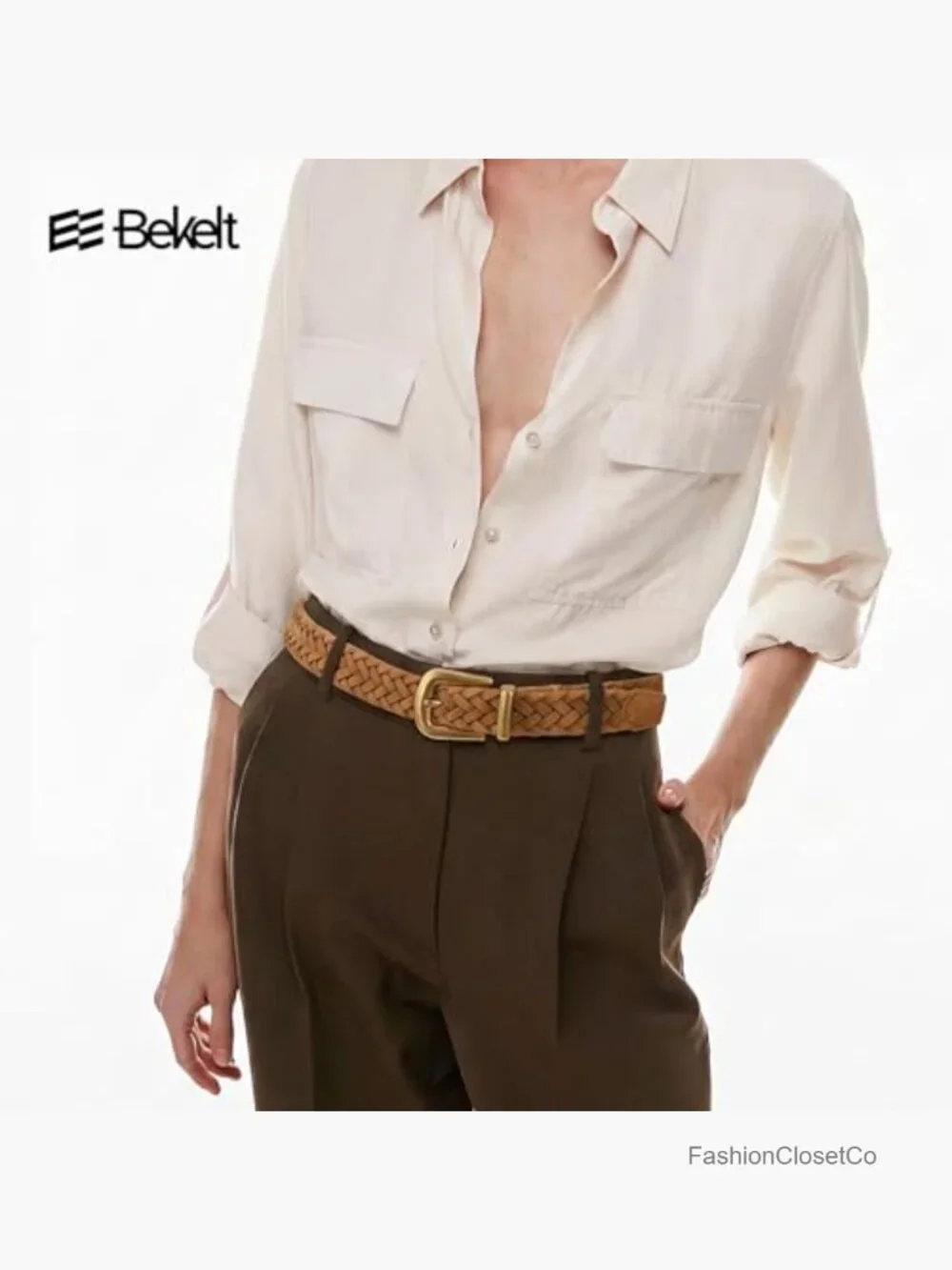 Braided Suede Belt with Matte Gold Buckle for Jeans Pants Dresses